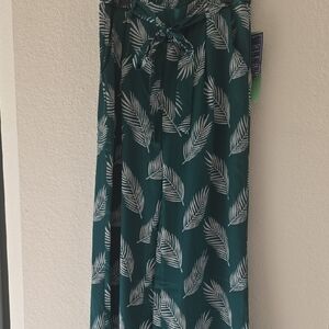 Teal Leaf Print Wide-Leg Pants